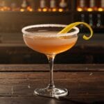 Classic Sidecar cocktail with a sugared rim and lemon twist garnish.