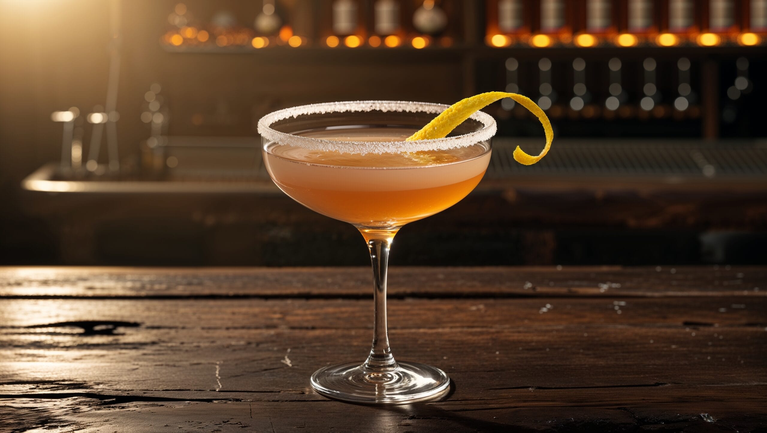 Classic Sidecar cocktail with a sugared rim and lemon twist garnish.